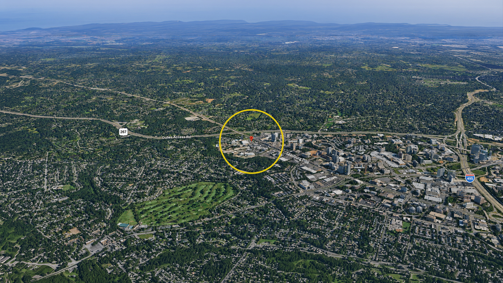 Aerial view of the Tysons market with JOUD positioned near Spring Hill Metro, Tysons Galleria, Dulles Toll Road, Tysons Corner Center, The Boro Tysons, and Route 7