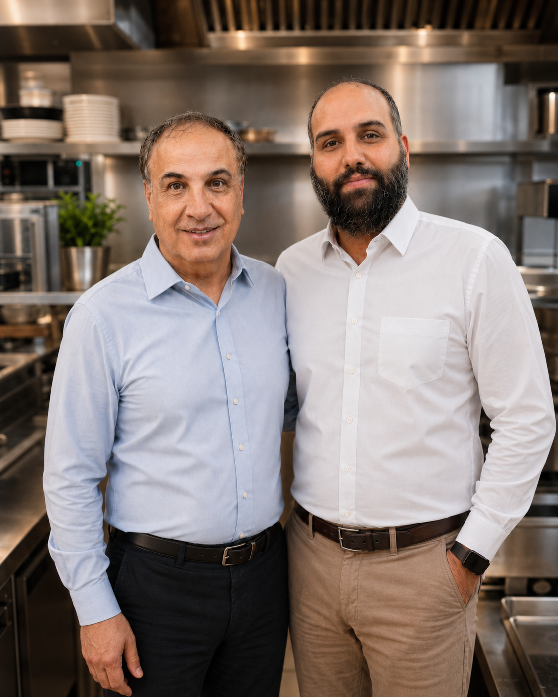 Mo and Khaled Abusalem standing together in a restaurant kitchen
