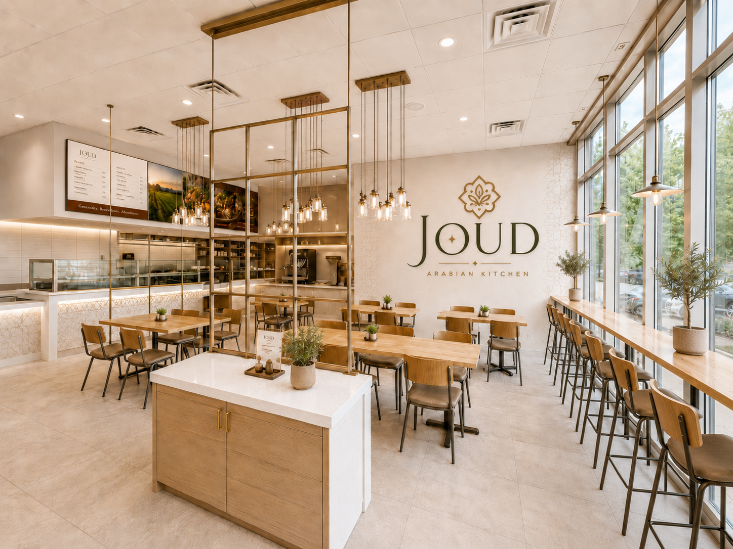 JOUD Arabian Kitchen guest environment with warm dining room, pendant lighting, counter service, and wall logo