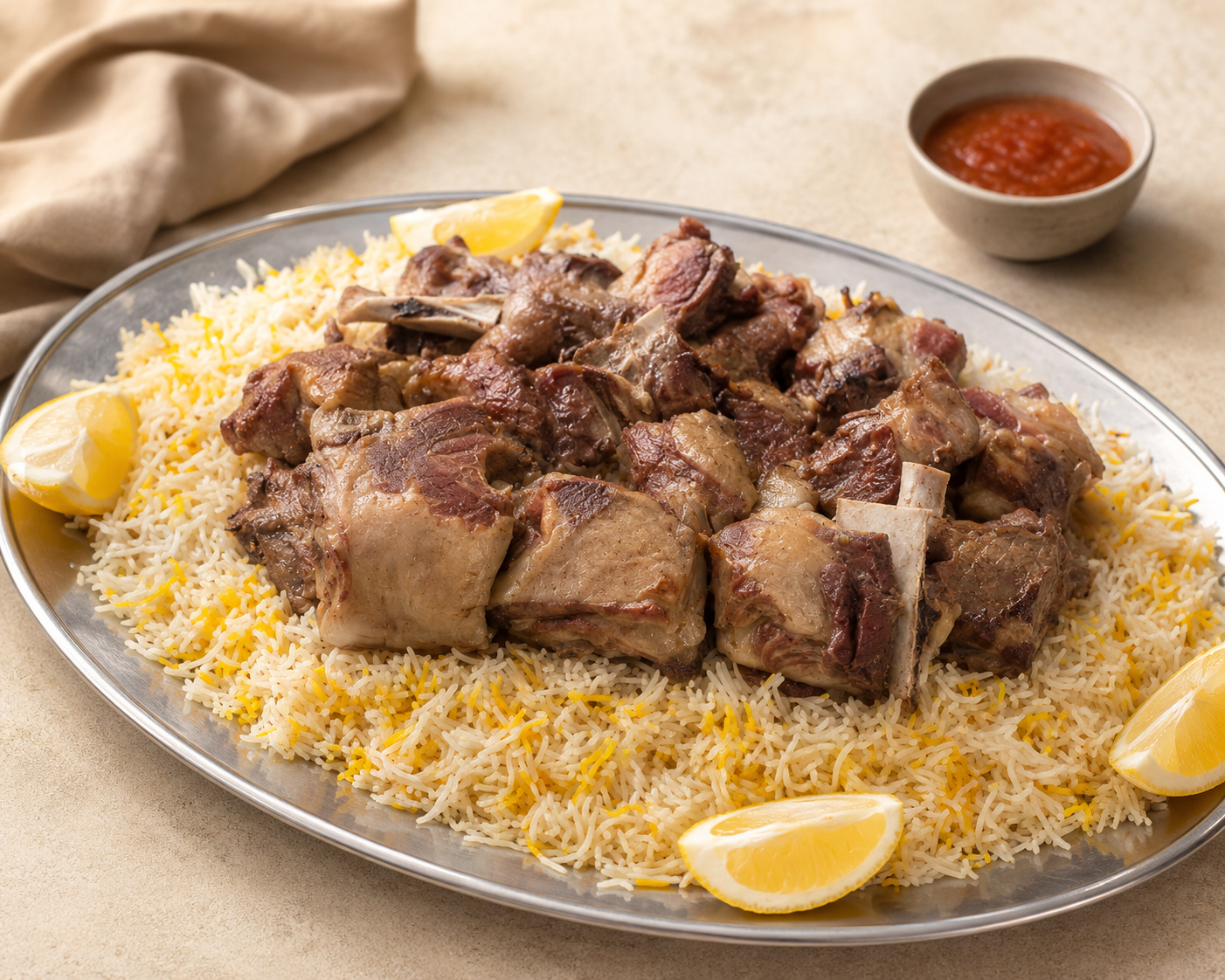 Lamb and rice platter with herbs, almonds, sauces, and salads