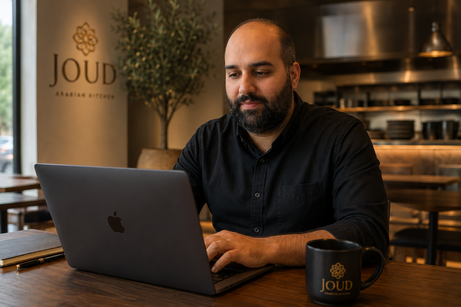 Khaled Abusalem working on a laptop inside a warm JOUD restaurant environment