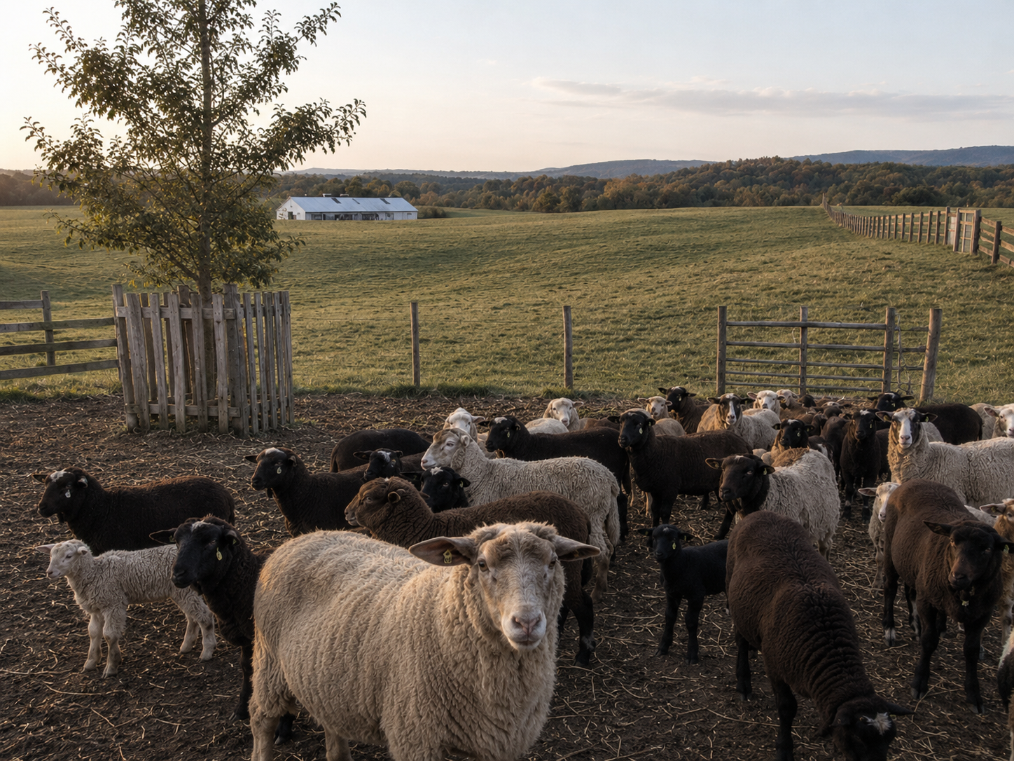 Leesburg farm pasture with sheep, fencing, fields, and barn at golden hour