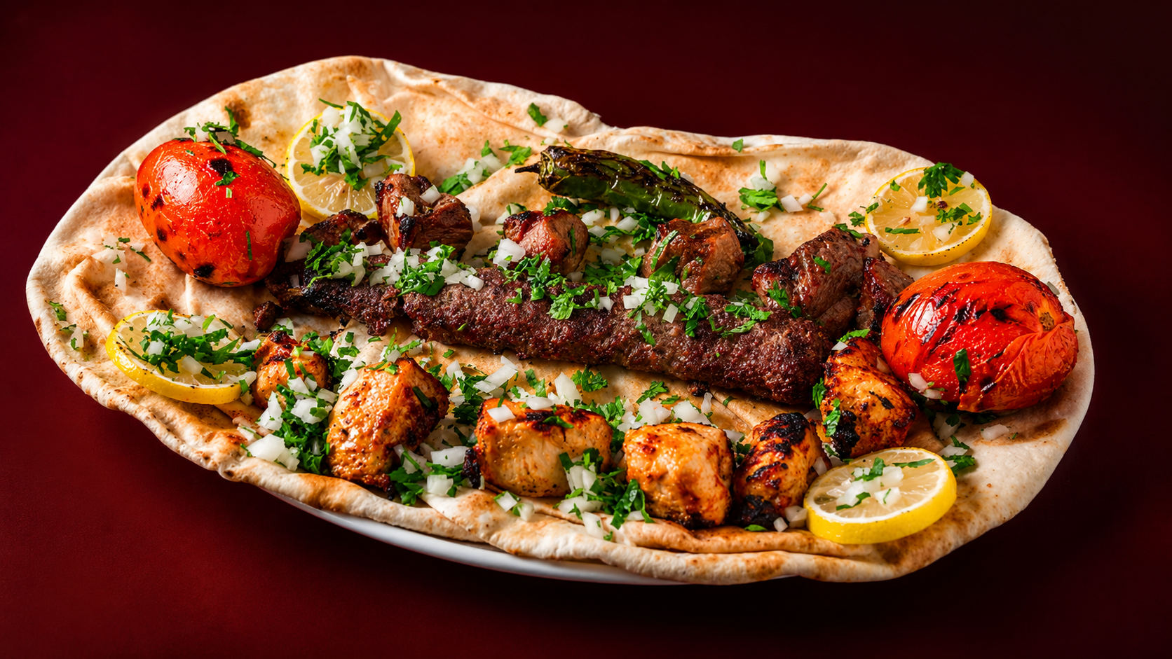 Mixed grill platter over flatbread