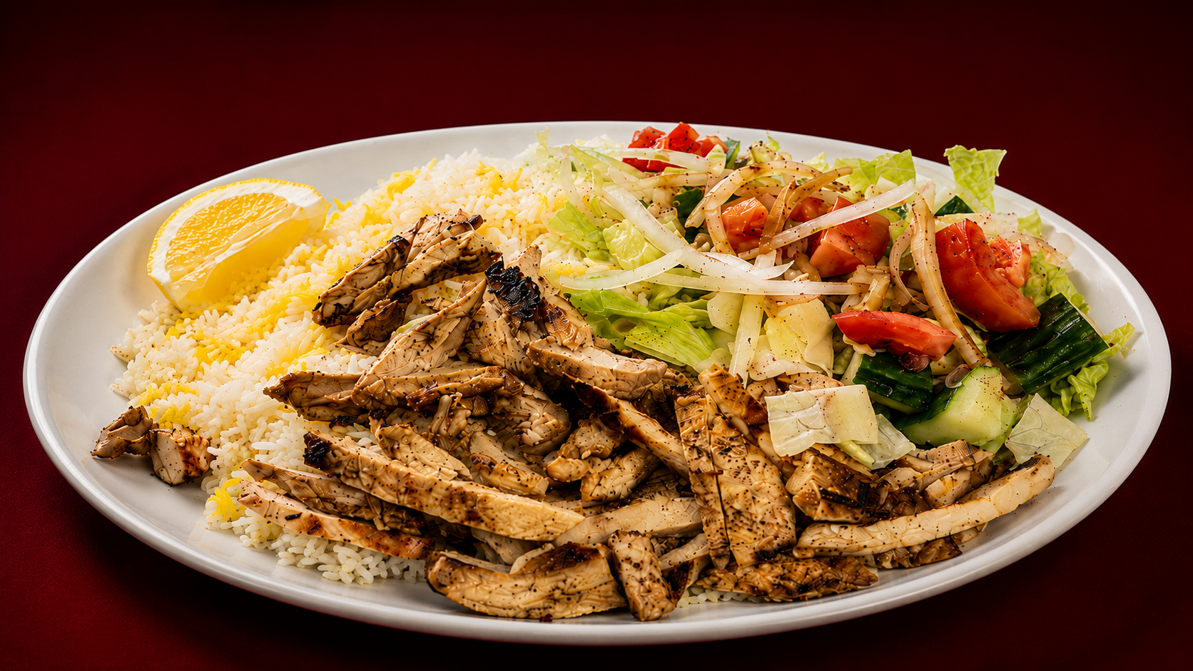 Chicken tawook platter with rice and salad